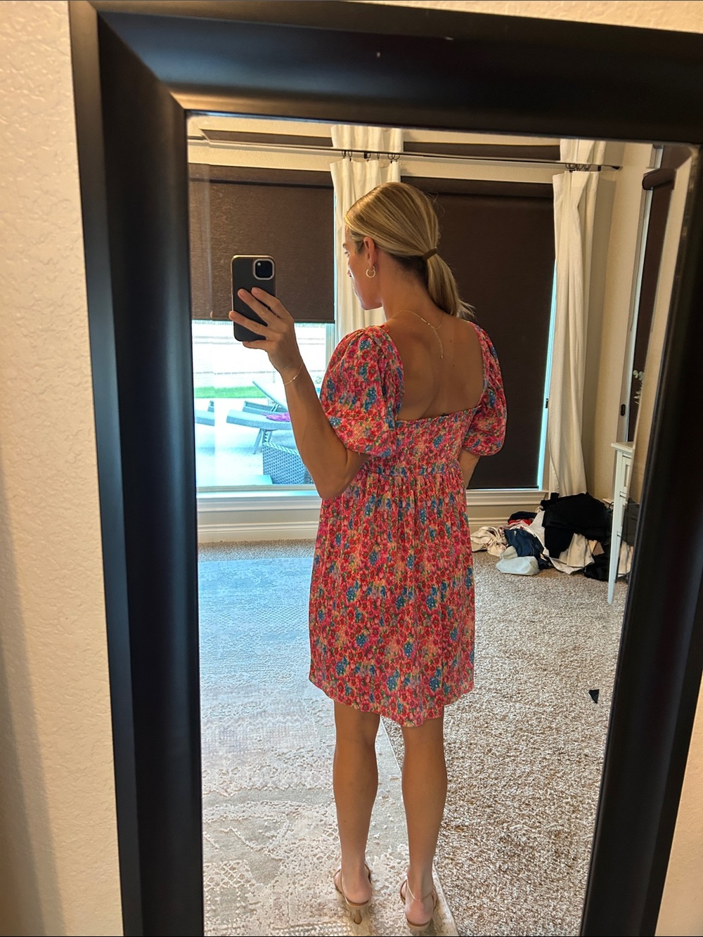 Zara Hot Pink Floral Square-Neck Puff Sleeve Mini Dress - Picture 3 of 6